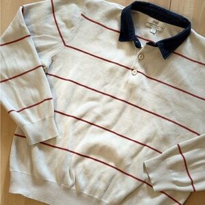 M&S Rugby Cream & Red Knitted Striped Polo Sweater Sz. L Pure Cotton Long Sleeve